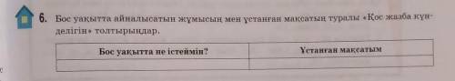 6. Бос уақытта айналысатын жұмысың мен ұстанған мақсатың туралы «Қос жазба күн- деліrін» толтырыңдар