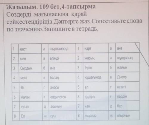 Жазылым. 109 бет, 4-тапсырма Сөздерді мағынасына қарайсәйкестендіріңіз.Дәптерге жаз.Сопоставьте слов