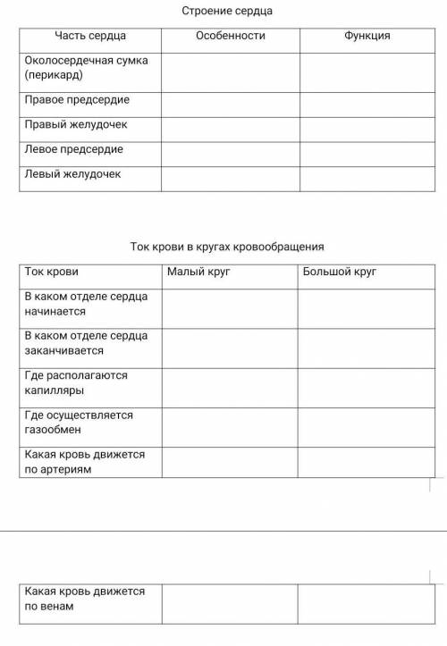 Таблица по теме Круги кровообращения. Строение сердца​