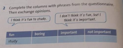 2 Complete the columns with phrases from the questionnaire Then exchange opinions.I don't think it's