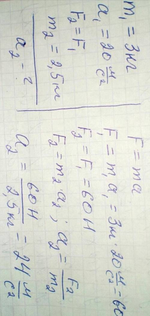 от действия силы тело массой 3 кг получает ускорение 20 м/с2. Этой силы на тело массой 2,5 кгкакое у