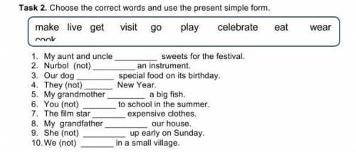 Task 2. Choose the correct words and use the present simple form. make livelive getvisitgoplaycelebr