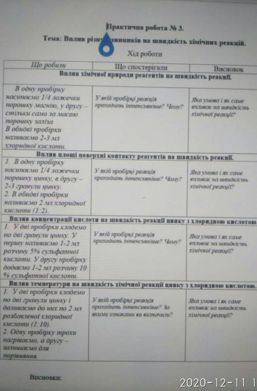 Практична робота 3 Тема Вплив різних чинників на швидкість хімічних реакцій (Хімія) 9класс​