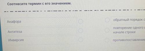 Соотнесите термин с его значением. |Анафораобратный порядок слов в предложенииАнтитезаповторение одн