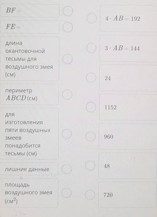 BF= О 4 - AB — 192FE –3. АВ – 144Длинаокантовочнойтесьмы длявоздушного змея(см)24периметрABCD (см) )