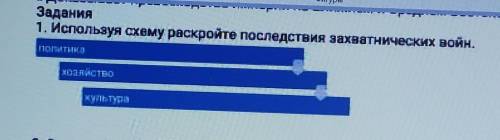 Задания 1. Используя схему раскройте последствия захватнических войн.ПОлитикахозяйствокультура​