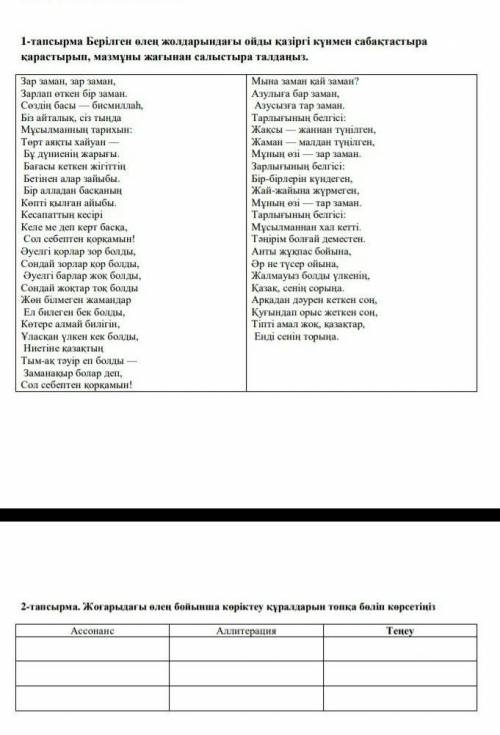 Жоғарыдағы өлең бойынша көріктеу құралдарын топқа бөліп көрсетіңіз Ассонанс Аллитерация Теңеу​