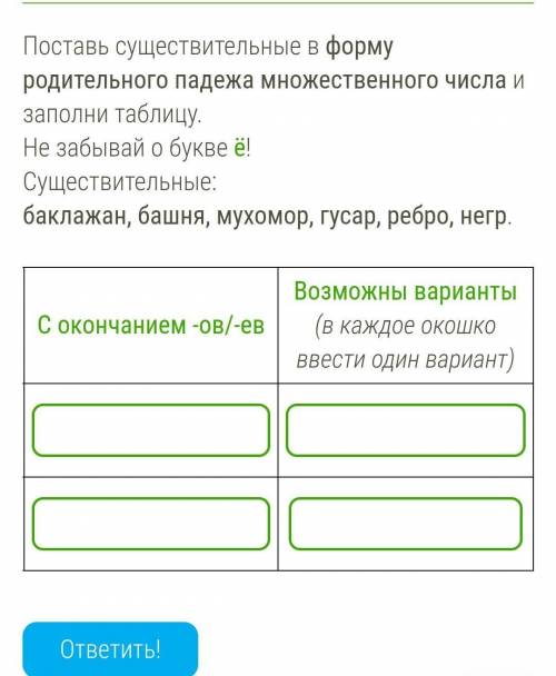 Поставь существительные в форму родительного падежа множественного числа и заполни таблицу. Не забыв