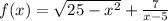 f(x) = \sqrt{25 - x {}^{2} } + \frac{7}{x - 5}