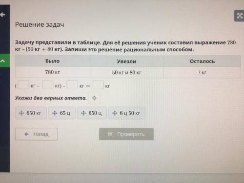 Задачу представили в таблице. Для её решения ученик составил выражение 780 кг – (50 кг + 80 кг). Зап