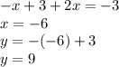 - x + 3 + 2x = -3 \\ x = - 6 \\ y = - ( - 6) + 3 \\ y = 9