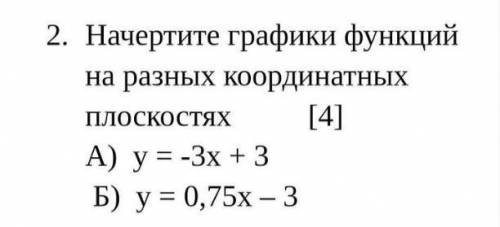 Начертите графики функций на разных координатных плоскостях [4] А) у = -3х + 3 Б) у = 0,75х – 3​