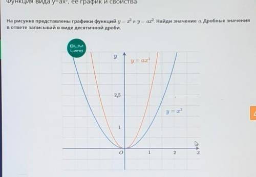 На рисунке представлены графики функций у = х^2,у = ах^2. Найди значение а .Дробные значения в ответ