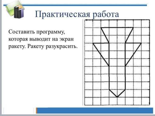 Составить программу, которая выводит на экран ракету. Ракету разукрасить Ракета, летящая вниз в Pasc