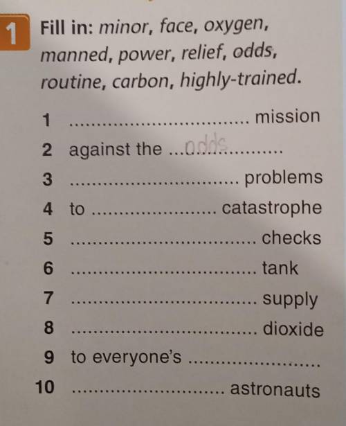 Fill in:minor,face,oxygen,manned,power,relief,odds,routine,carbon,highly-trained.​