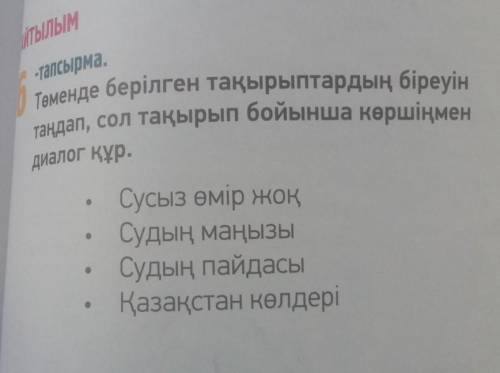 Тапсырма. Төменде берілген тақырыптардың біреуінтаңдап, сол тақырып бойынша көршіңмендиалог құр.Сусы