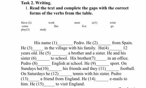 His name (1) Pedro. He (2) from Spain. He (3) in the village with his family. He(4) 12 years old(дал