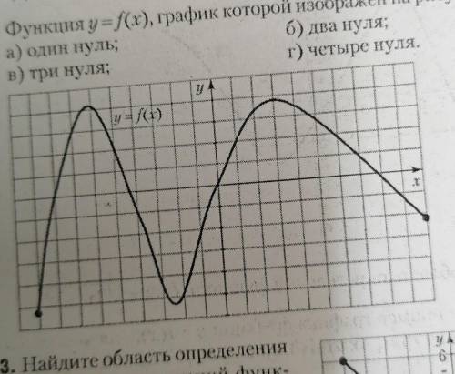 2. Функция y=f(x), график которой изображен на рисунке, имеет: а) один нуль;б) два нуля;в) три нуля;