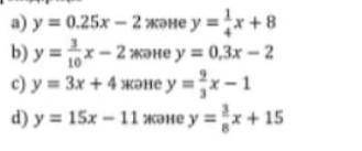 Найдите функции, графики которых параллельны друг другу, и объясните ответ 1)у=0.25х-2 и у=1/4х+82)у