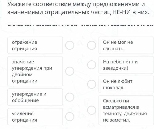 Хелп Укажите соответствие между предложениями изначениями отрицательных частиц НЕ-НИ В них.Он не мог