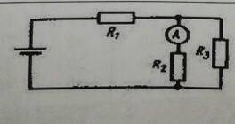 Определите силу тока показываемую амперметром в схеме.U=4 R1=6 R2=4 R3=10.Сопротивлением амперметра