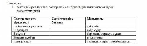 Мәтінді 2 рет тыңдап, сөздер мен сөз тіркестерін мағынасына қарай сәйкестендіріңіз.