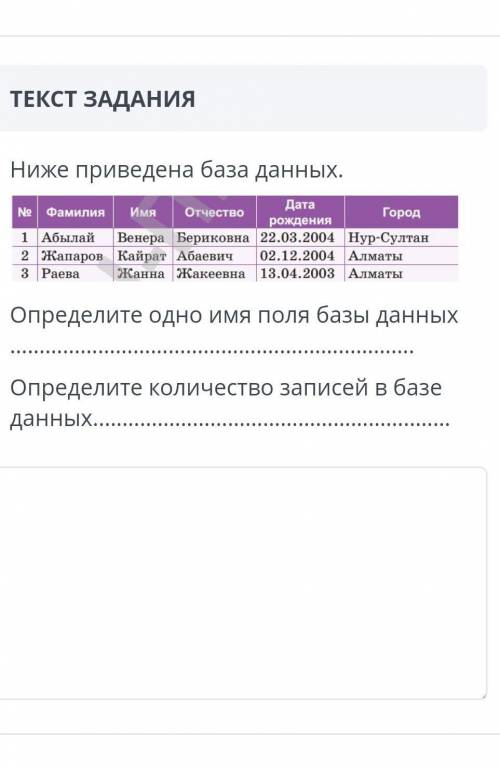 Ниже приведена база данных. Дата Фамилия Имя Отчество Город рождения 1 Абылай Венера Бериковна 22.03