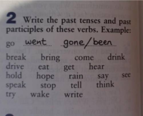 Write the past tenses and past participles of these verbs. Example:wentgone/been.gobreakbringdrinkCo