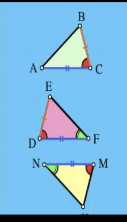 В треугольниках ABC, DEF и MKN на рисунке равные стороны отмечены одинаковыми штрихами, а равные угл