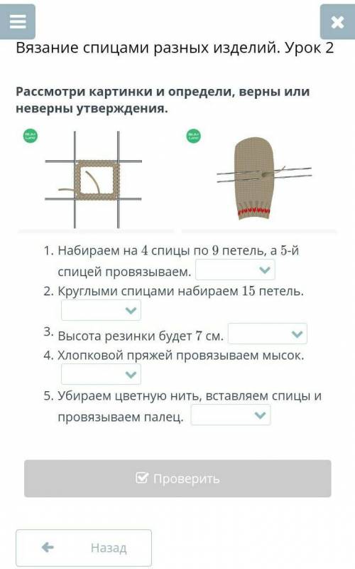 Вязание спицами разных изделий. Урок 2 Рассмотри картинки и определи, верны или неверны утверждения.