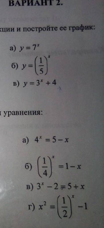 №1 A)y=7^xБ)y=(1/5)^xB)y=3^x+4№2A)4^x=5-xБ)(1/4)^x=1-xВ)3^x-2=5+xГ)x^2=(1/2)^x-1​