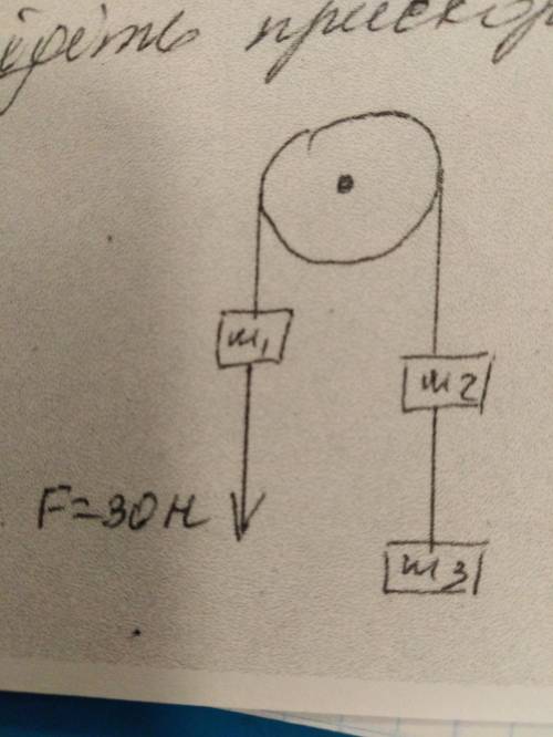 Через нерухомий блок перекинута нитка, на якій утримуються тіла m1=5кг, m2=6кг, m3=10кг. Знайдіть пр