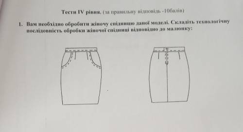 Вам необхідно обробити жіночу спідницю даної моделі. Складіть технологічну послідовність обробки жін