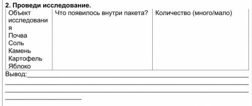 ЕСТЕСТВОЗНАНИЯ 5 класс Задание.Что появилось внутри пакета? | количество (много/мало)Япочвасолькамен