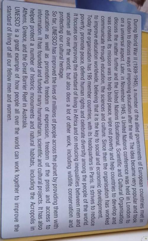 Read again and answer the questions. 1. Who created UNESCO?2. Why was UNESCO created?3. What are UNE