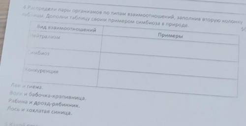 4. Распредели пары организмов по типам взаимоотношений, заполнив вторую колонку таблицы. Дополни таб