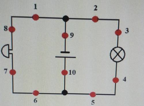 Рассмотри схему электрической цепи! Укажи, в каком направлении течёт ток в точке 9НалевоВнизНаправо