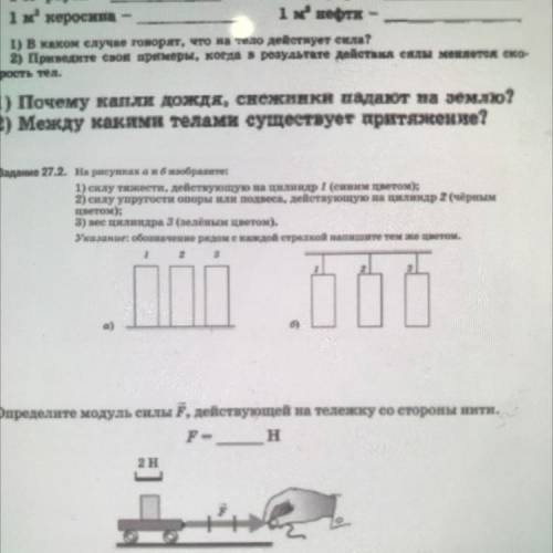 1) силу тяжести, действующую на цилиндр 1 (синим цветом); 2) силу упругости опоры или подвеса, дейст