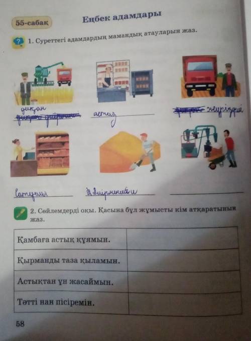 1. суреттегі адамдардың мамандық атауларын жаз. 2. Сөйлемдерді оқы. Қасына бұл жұмысты кім атқаратын