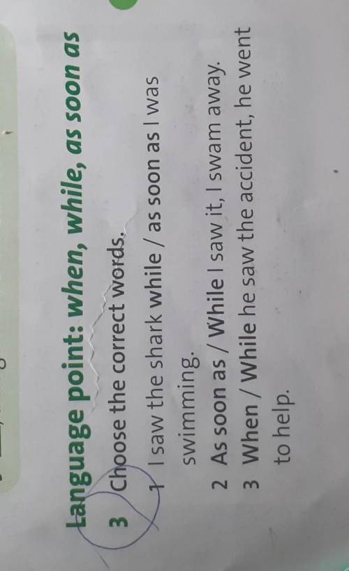 3.Choose the correct 1)I saw the shark while/as soon as I was swimming.2)As soon as / While I saw it
