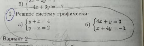 Решите систему графически: a) y+x=4 y-x=2b) 4x+y=3x+4y=-3​