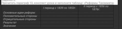 Прочитать параграф 13, конспект урока и заполните таблицу: «Реформы Танзимата» I период с 1839 по 18