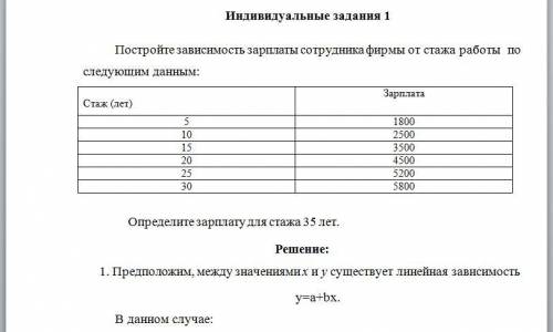 Задача 1. Постройте зависимость зарплаты сотрудника фирмы от стажа работы по следующим данным: Стаж