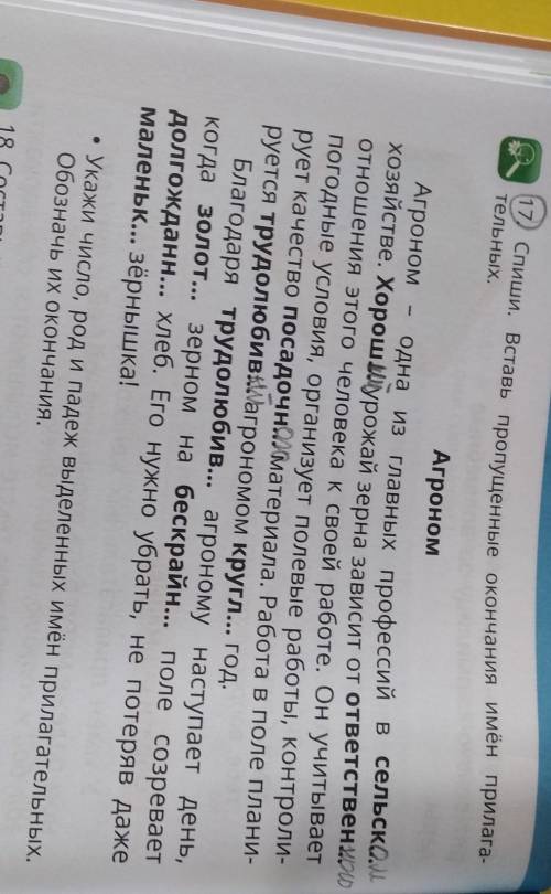 17) Спиши. Вставь пропущенные окончания имён прилага- тельных,АгрономАгроном Одна из главных професс
