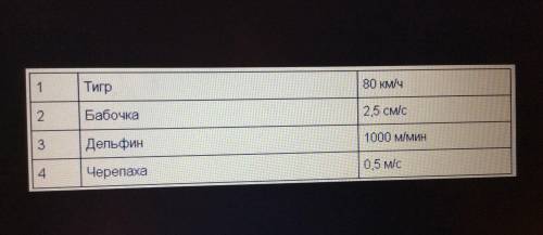 класс. Физика. В соответствии с таблицей расставьте названия животных в порядке возрастания скорости