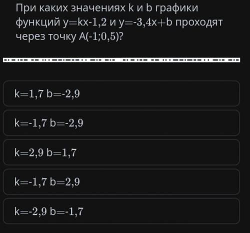 При каких значениях k и b графики функций у=kx-1,2 и y=-3,4х+b проходят через точку А(-1;0;5)?​