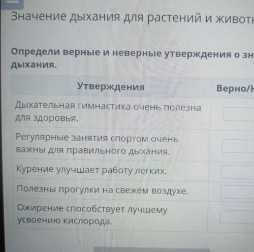 Определи верные и неверные утверждения о значение дыхания.​