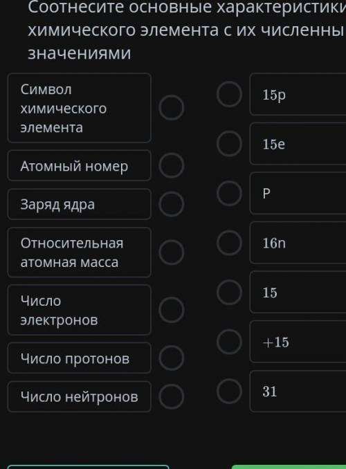 Соотнесите основные характеристики химического элемента с их численными значениями​