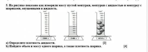 На рисунке показано как измерили массу пустой мензурки, мензурки с жидкостью и мензурки и с шариками