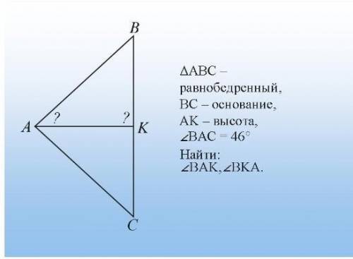 АВС - равнобдеренный. ВС - основание. АК - высота. ВАС - 46 градусов. Найти : ВАК, ВКА​